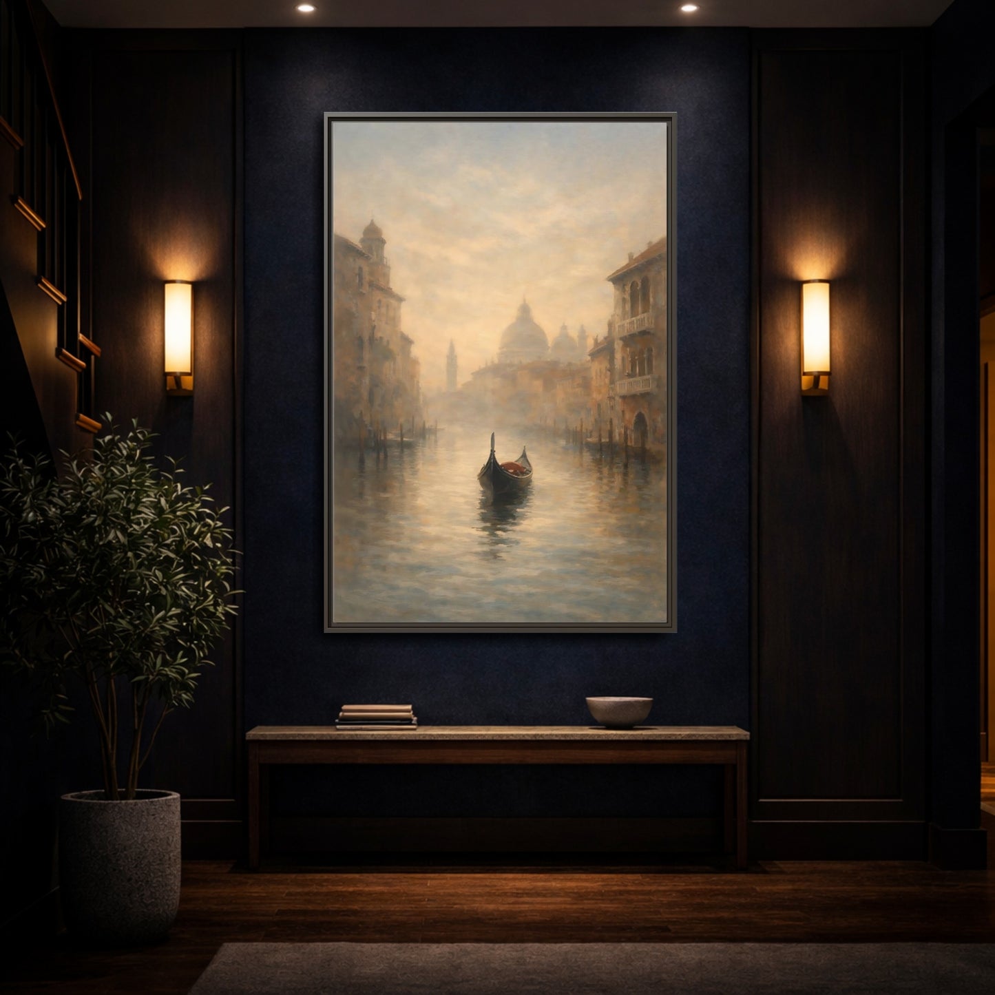 Mockup 3. Vintage Gondola Misty Venice Scene shown as stretched canvas wall art