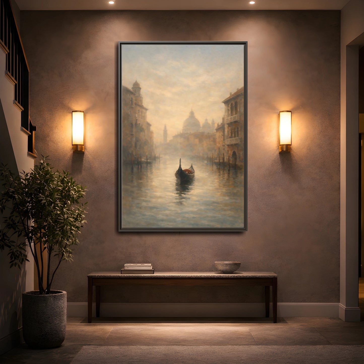 Mockup 4. Vintage Gondola Misty Venice Scene shown as stretched canvas wall art