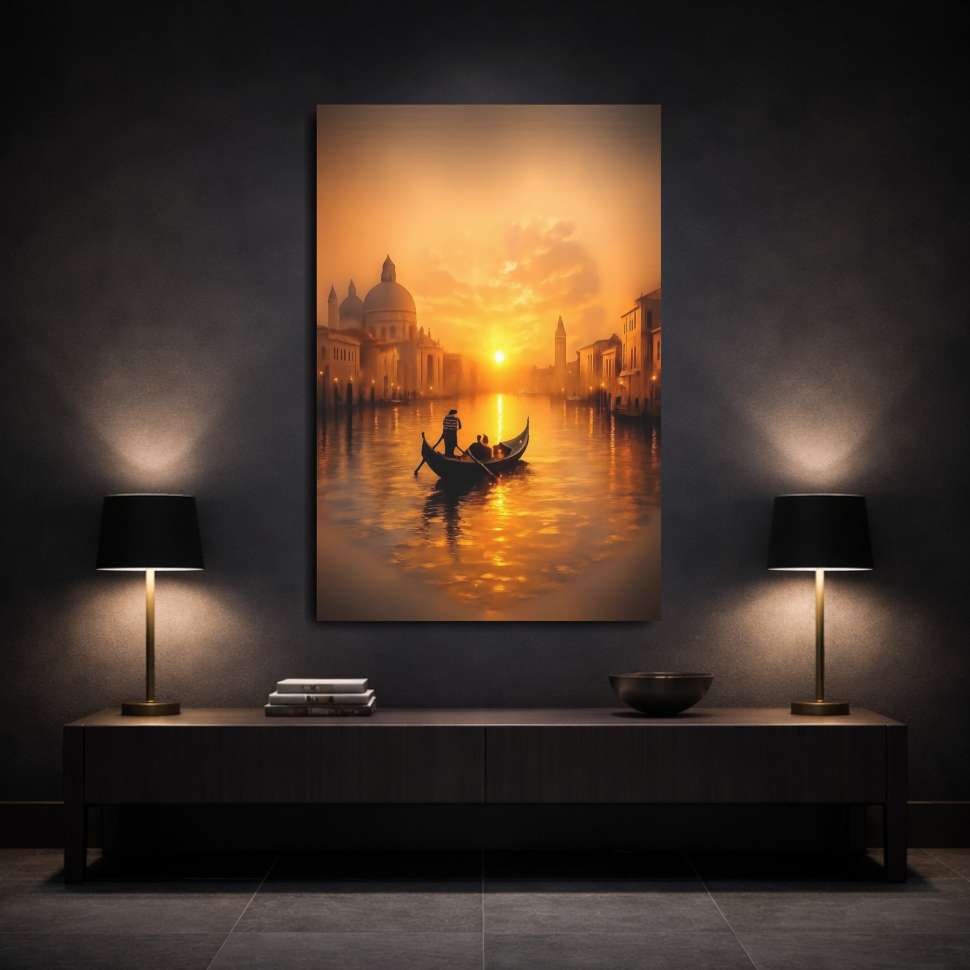 Vintage Gondola Orange And Gold shown as front canvas room wall art