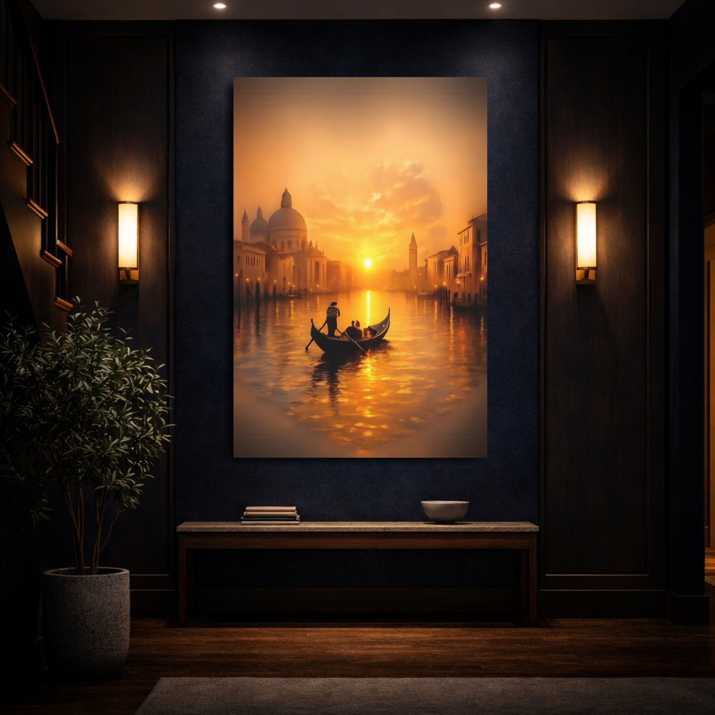 Vintage Gondola Orange And Gold shown as front canvas room wall art