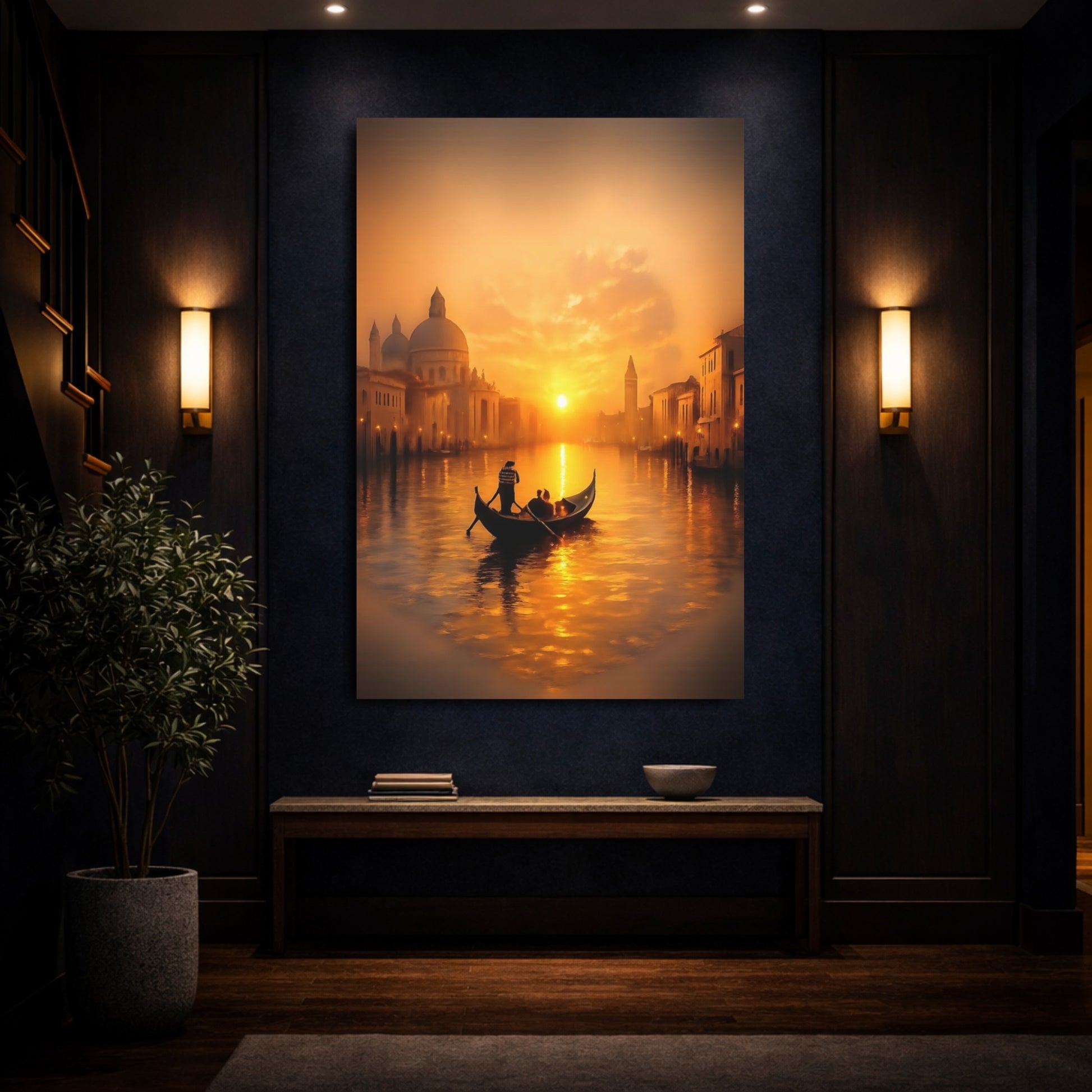 Vintage Gondola Orange And Gold shown as front canvas room wall art