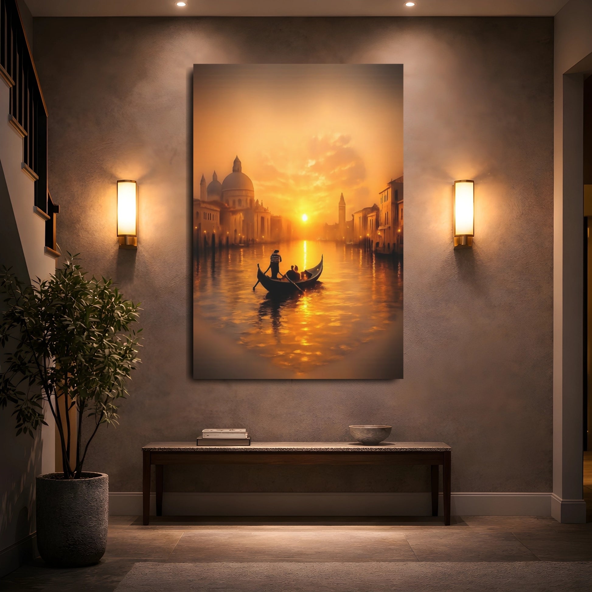 Vintage Gondola Orange And Gold shown as front canvas room wall art
