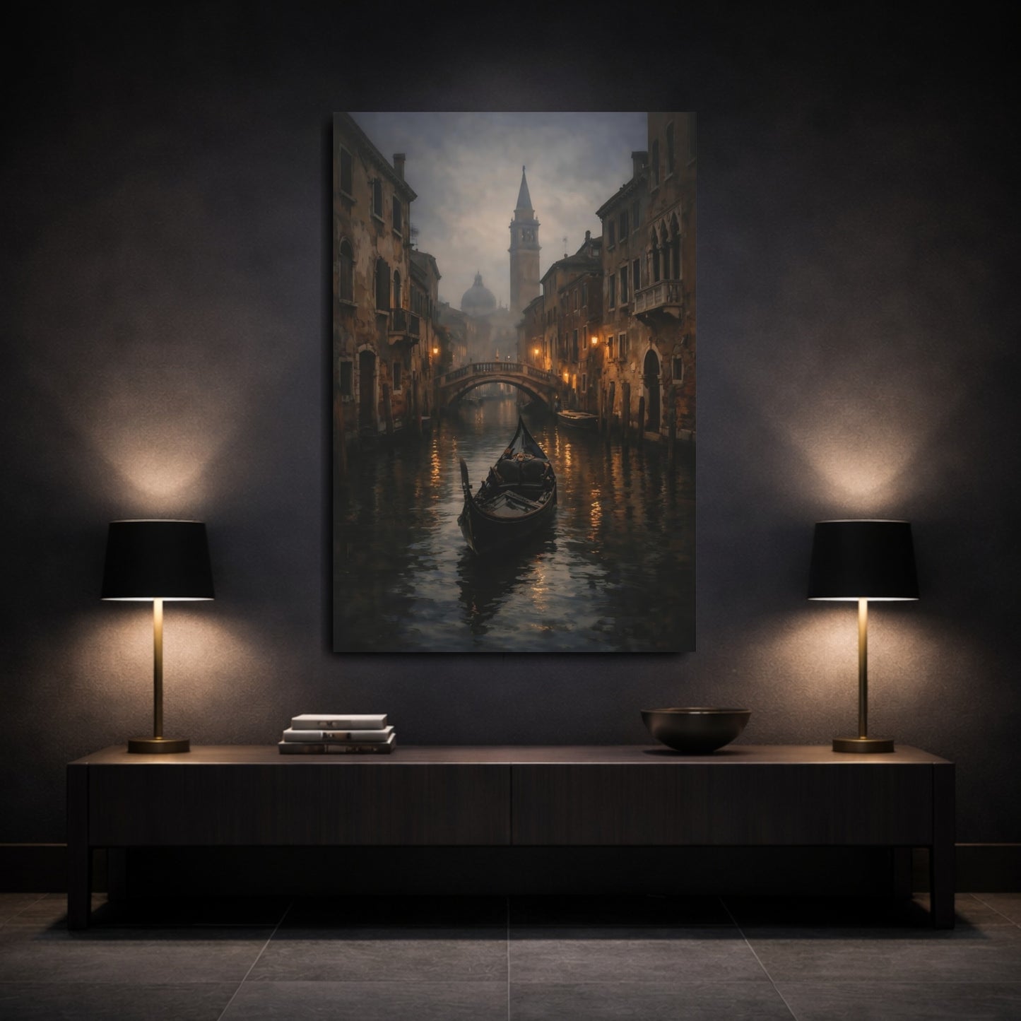 Mockup 2. Vintage Gondola Venice Canal shown as stretched canvas wall art