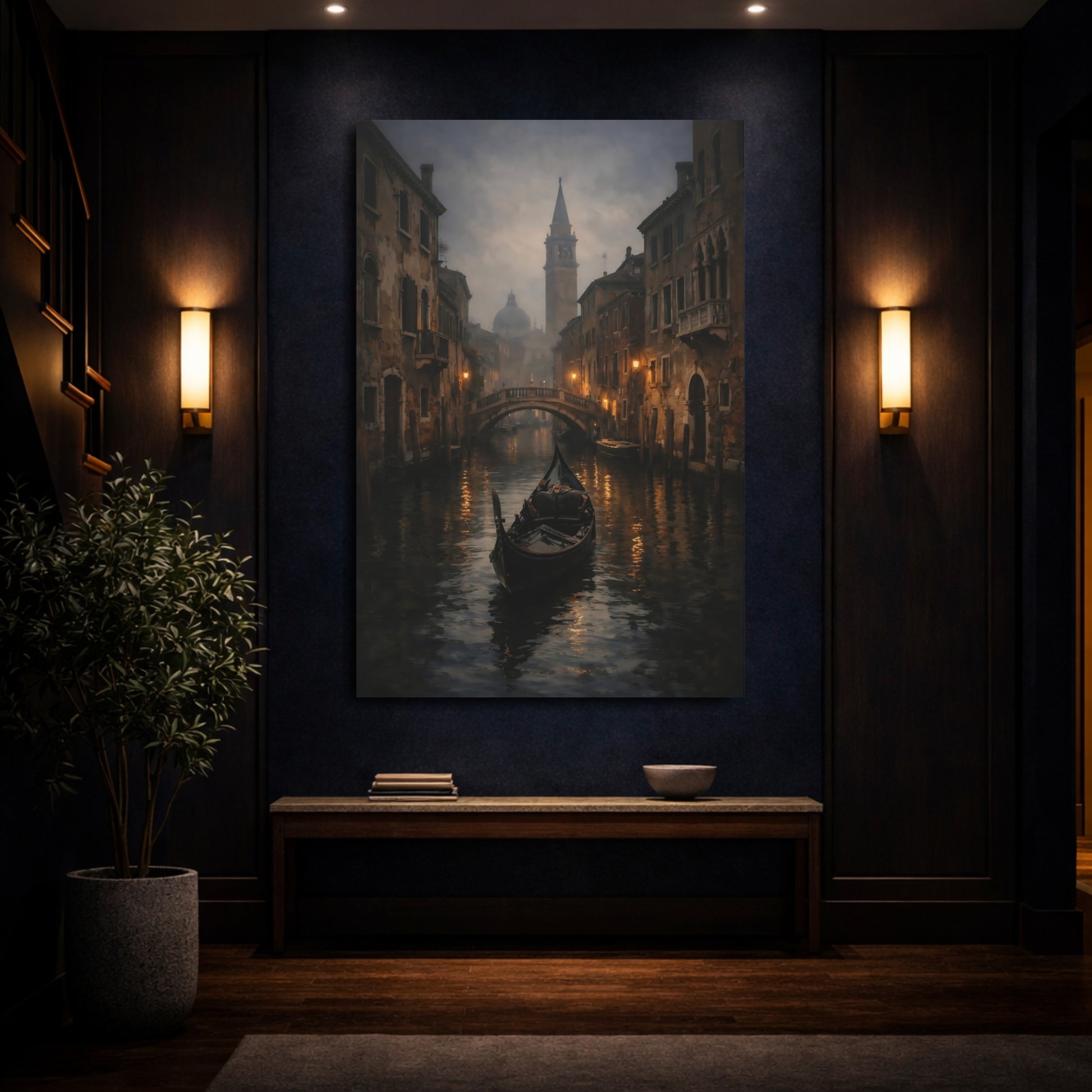 Mockup 3. Vintage Gondola Venice Canal shown as stretched canvas wall art
