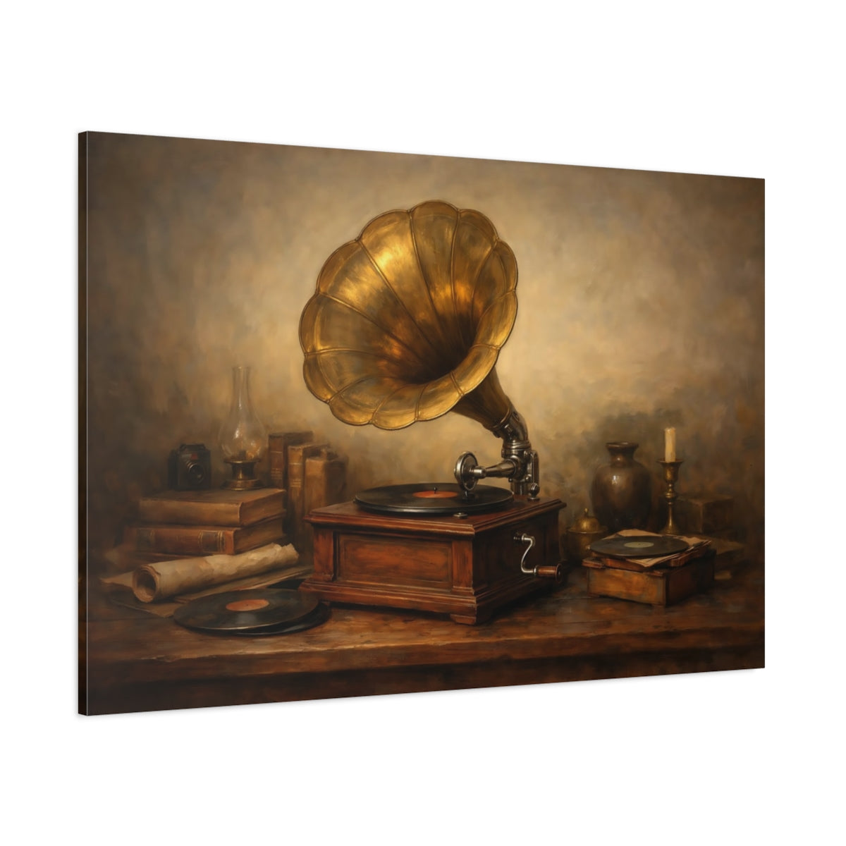 Main Mockup. Vintage Gramophone Brown And Gold shown as stretched canvas wall art