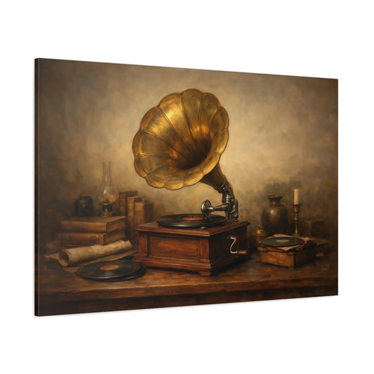 Main Mockup. Vintage Gramophone Brown And Gold shown as stretched canvas wall art