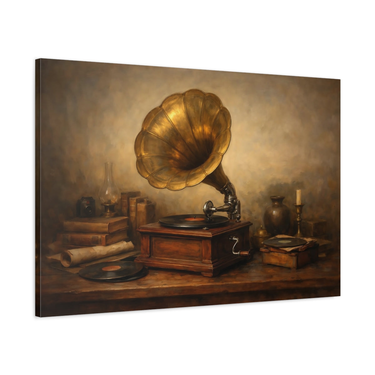 Side Mockup 1. Vintage Gramophone Brown And Gold shown as stretched canvas wall art