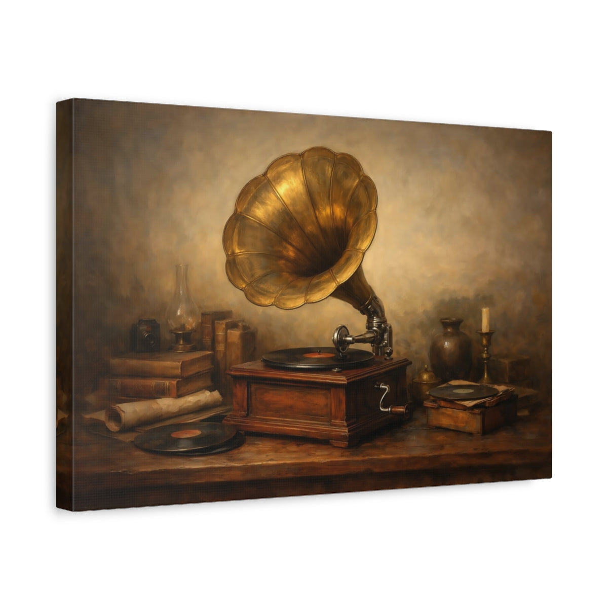 Side Mockup 4. Vintage Gramophone Brown And Gold shown as stretched canvas wall art