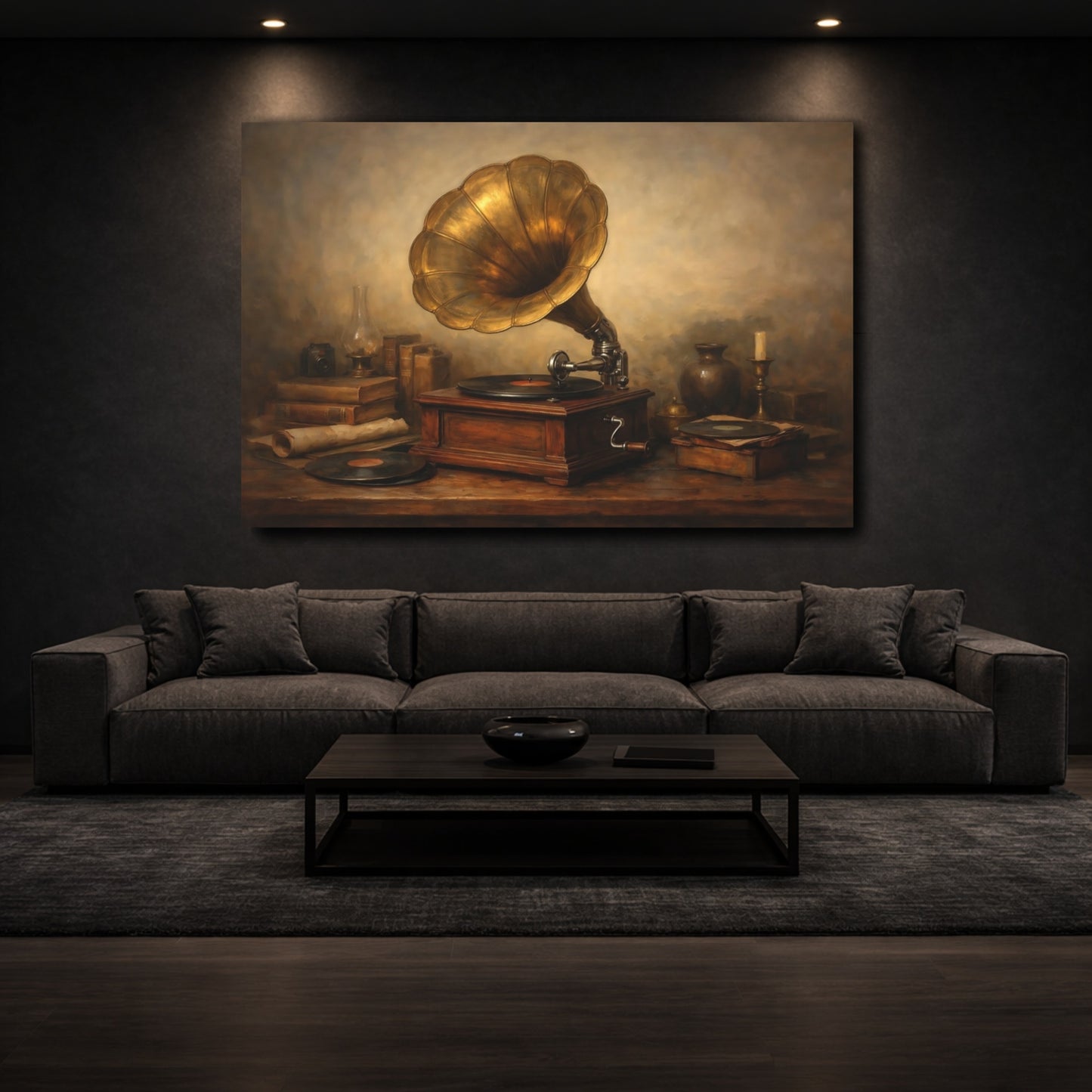 Mockup 2. Vintage Gramophone Brown And Gold shown as stretched canvas wall art