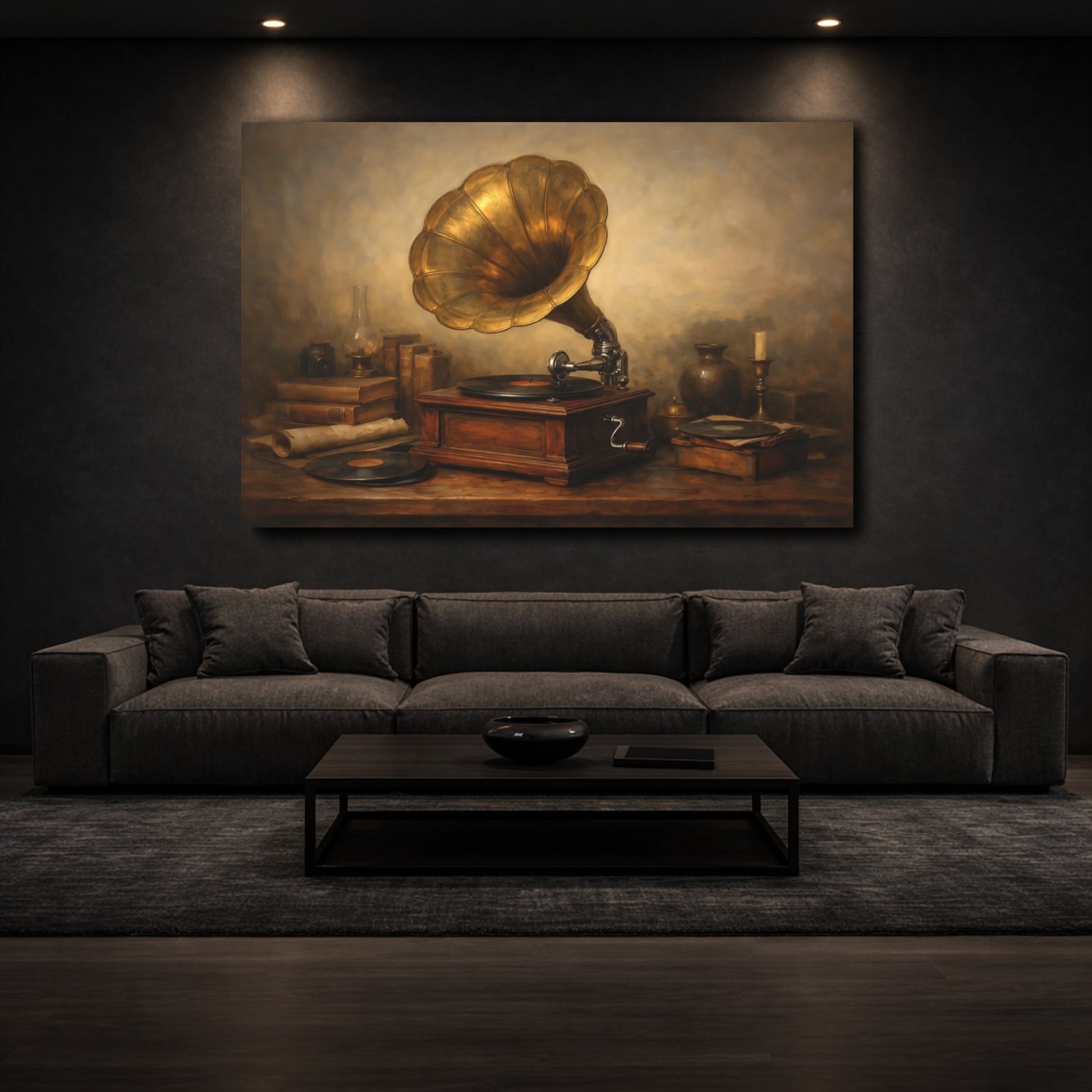 Mockup 2. Vintage Gramophone Brown And Gold shown as stretched canvas wall art