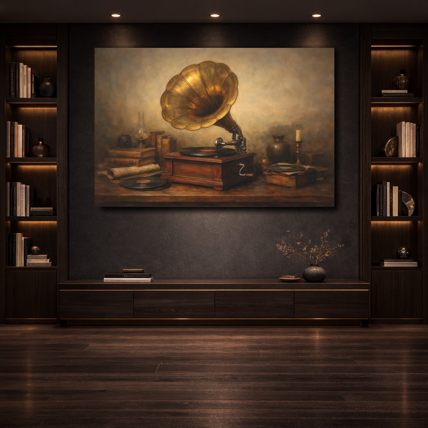 Mockup 3. Vintage Gramophone Brown And Gold shown as stretched canvas wall art