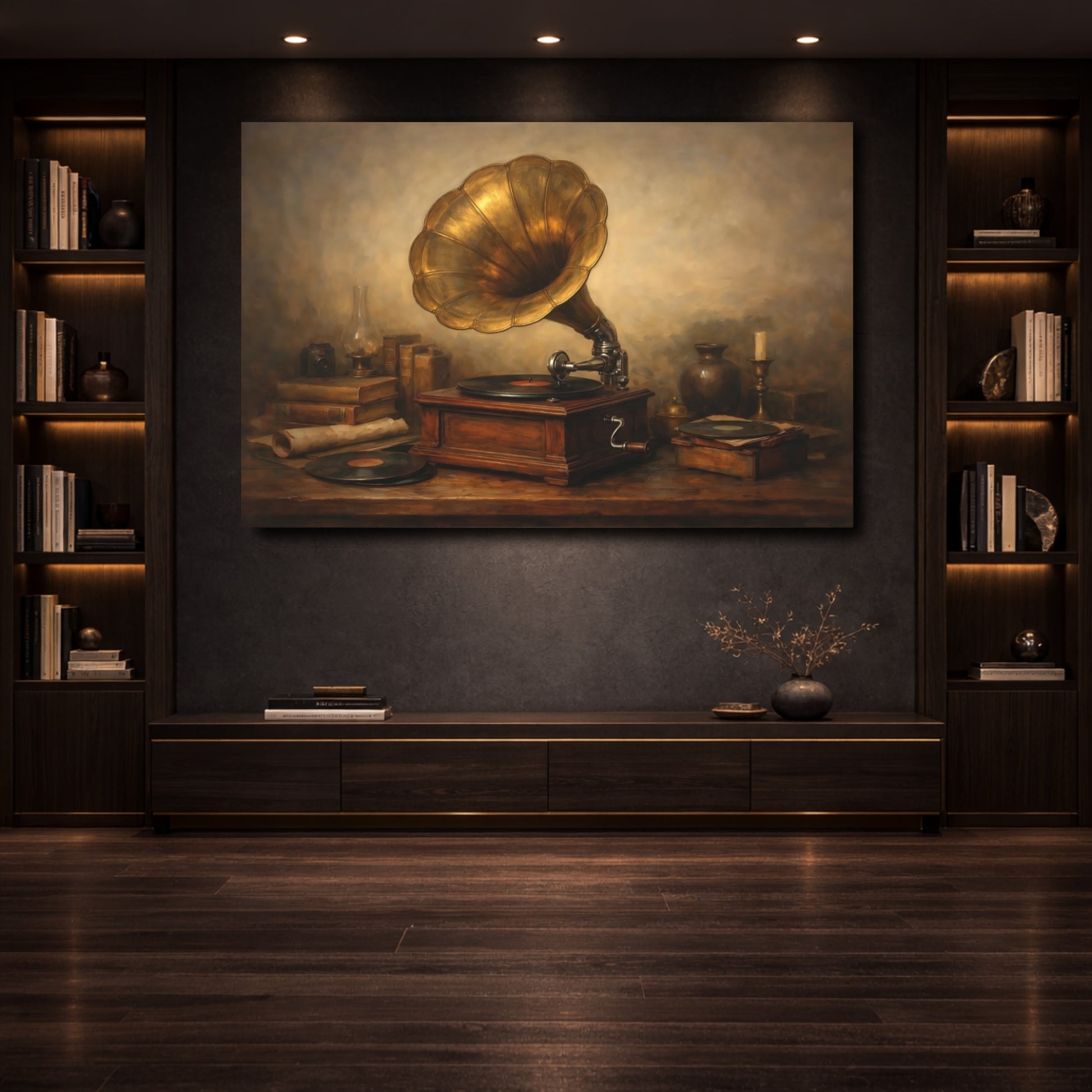 Mockup 3. Vintage Gramophone Brown And Gold shown as stretched canvas wall art