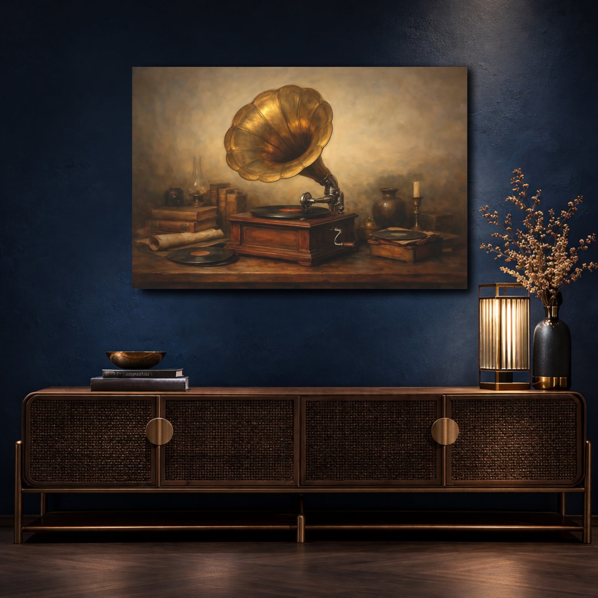 Mockup 4. Vintage Gramophone Brown And Gold shown as stretched canvas wall art