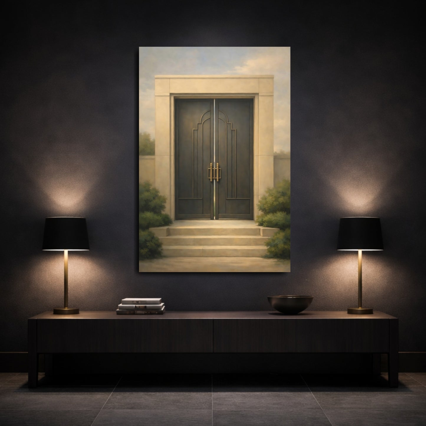 Mockup 2. Vintage Grand Door Elegant Doorway Art shown as stretched canvas wall art