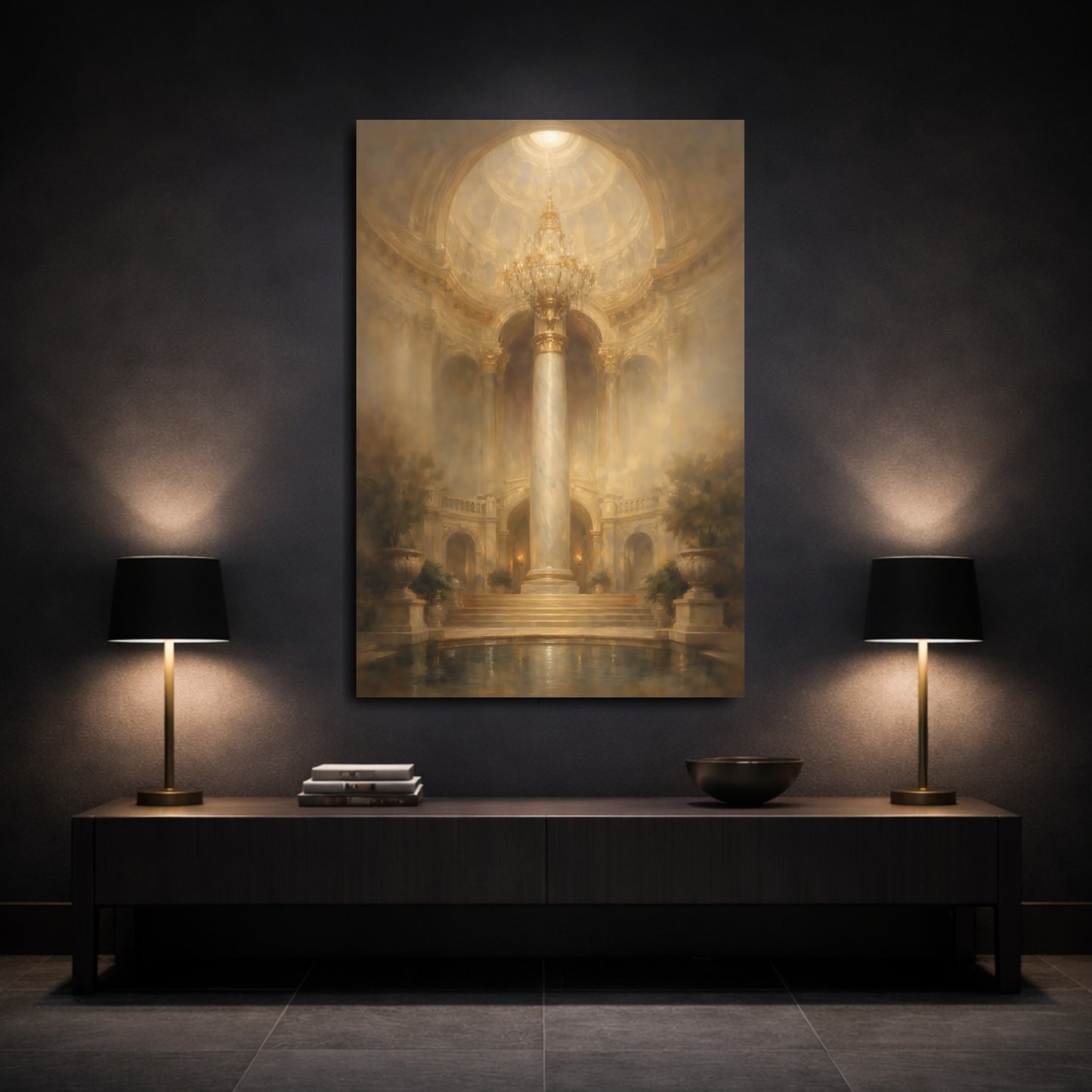 Mockup 2. Vintage Grand Hall Golden Grand Hall shown as stretched canvas wall art