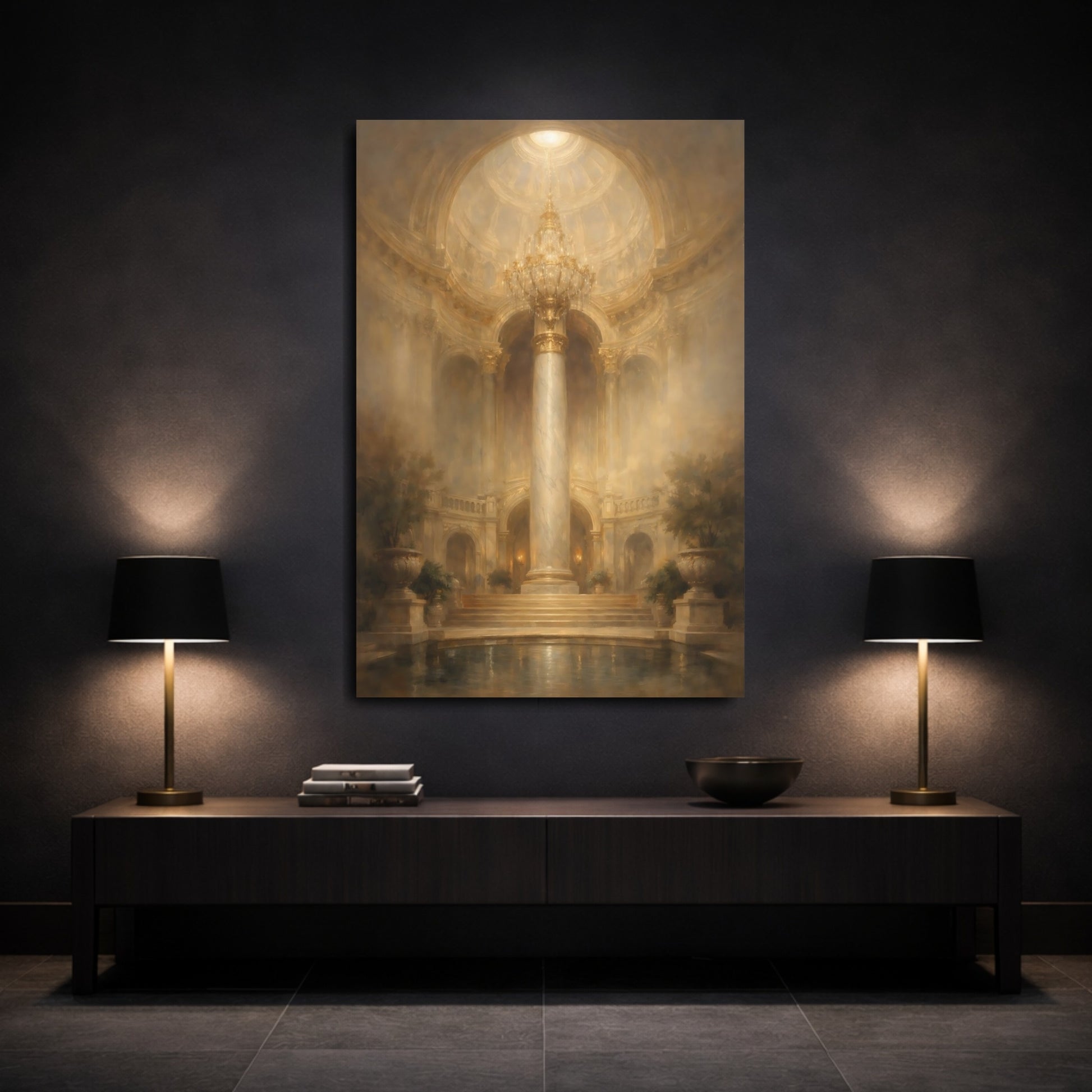 Mockup 2. Vintage Grand Hall Golden Grand Hall shown as stretched canvas wall art