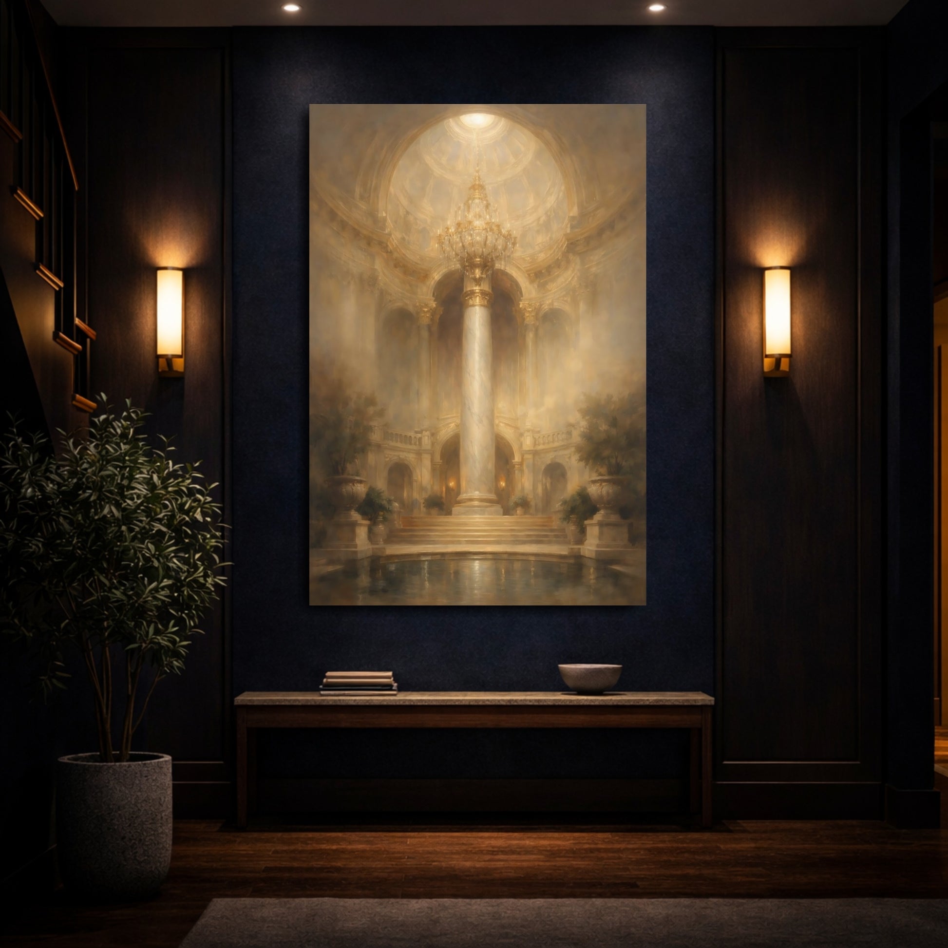 Mockup 3. Vintage Grand Hall Golden Grand Hall shown as stretched canvas wall art