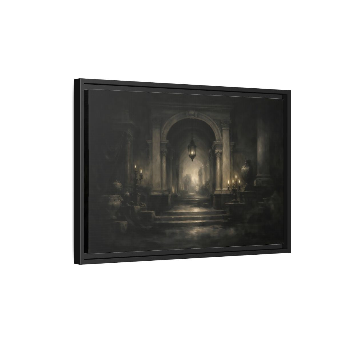 Side Mockup 3. Vintage Grand Hallway Dark Grand Hallway shown as stretched canvas wall art