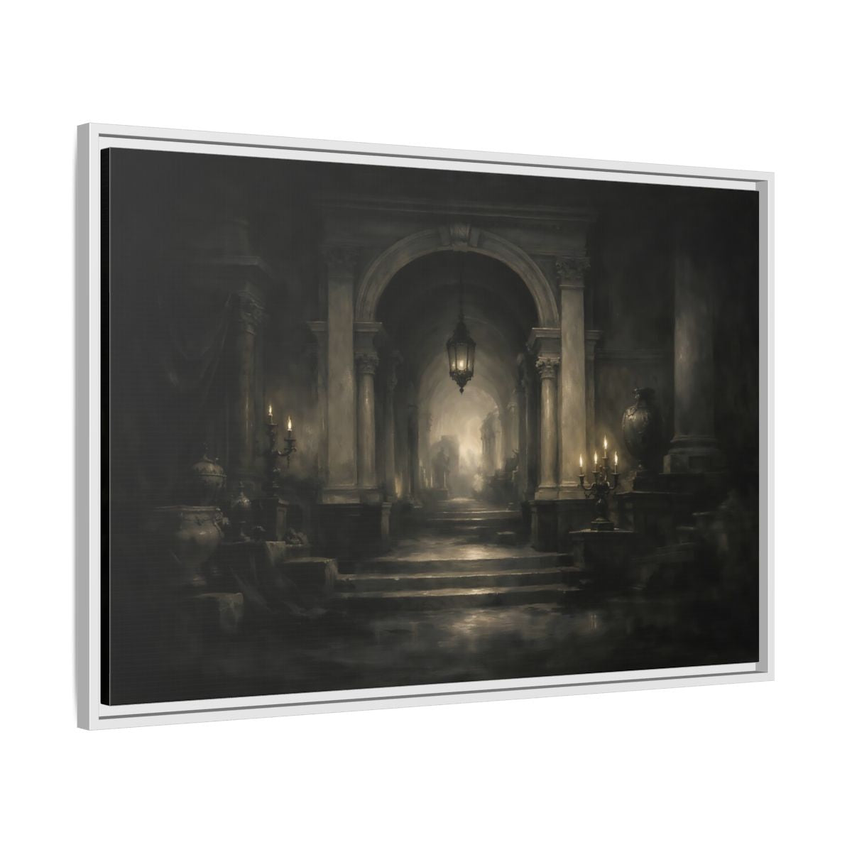Side Mockup 8. Vintage Grand Hallway Dark Grand Hallway shown as stretched canvas wall art