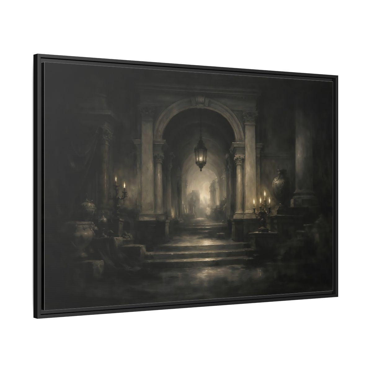 Side Mockup 12. Vintage Grand Hallway Dark Grand Hallway shown as stretched canvas wall art
