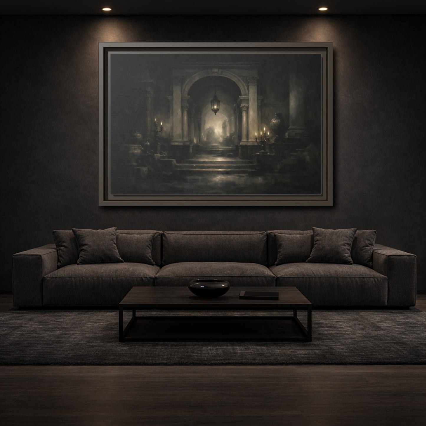 Mockup 2. Vintage Grand Hallway Dark Grand Hallway shown as stretched canvas wall art