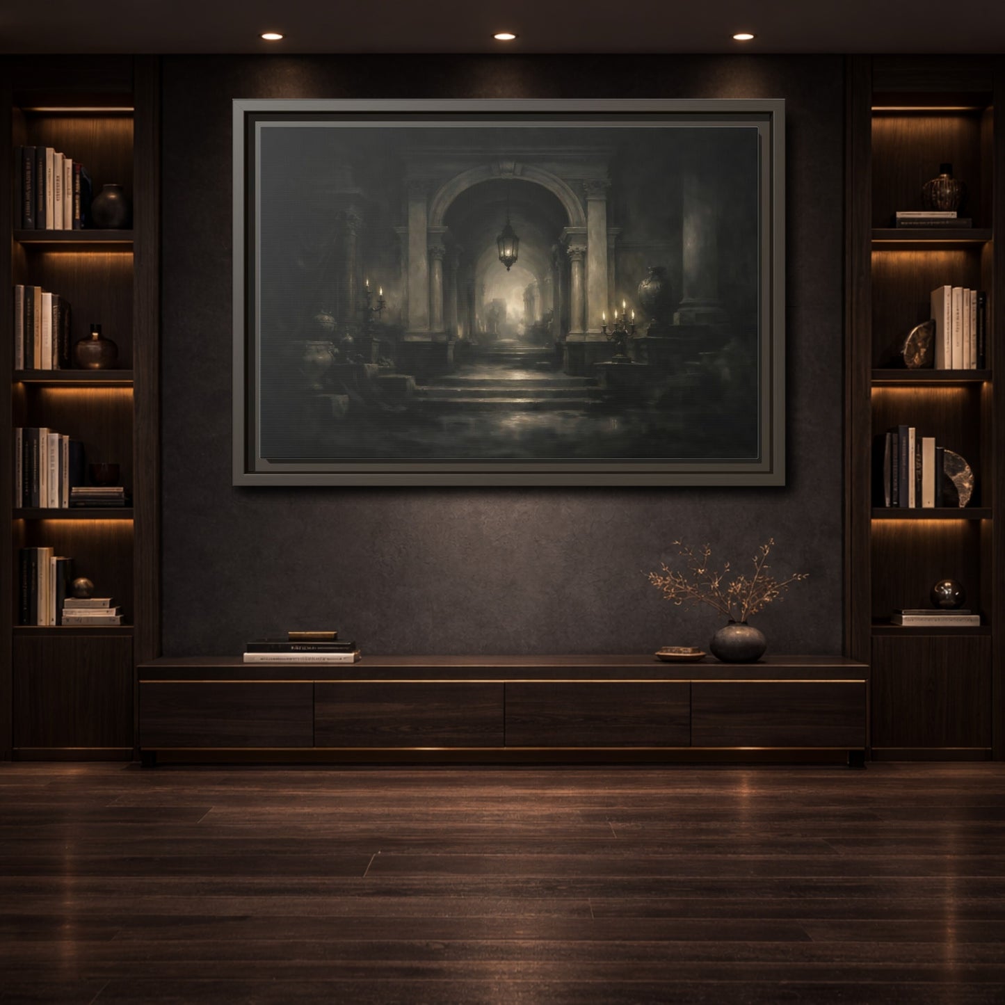 Mockup 3. Vintage Grand Hallway Dark Grand Hallway shown as stretched canvas wall art