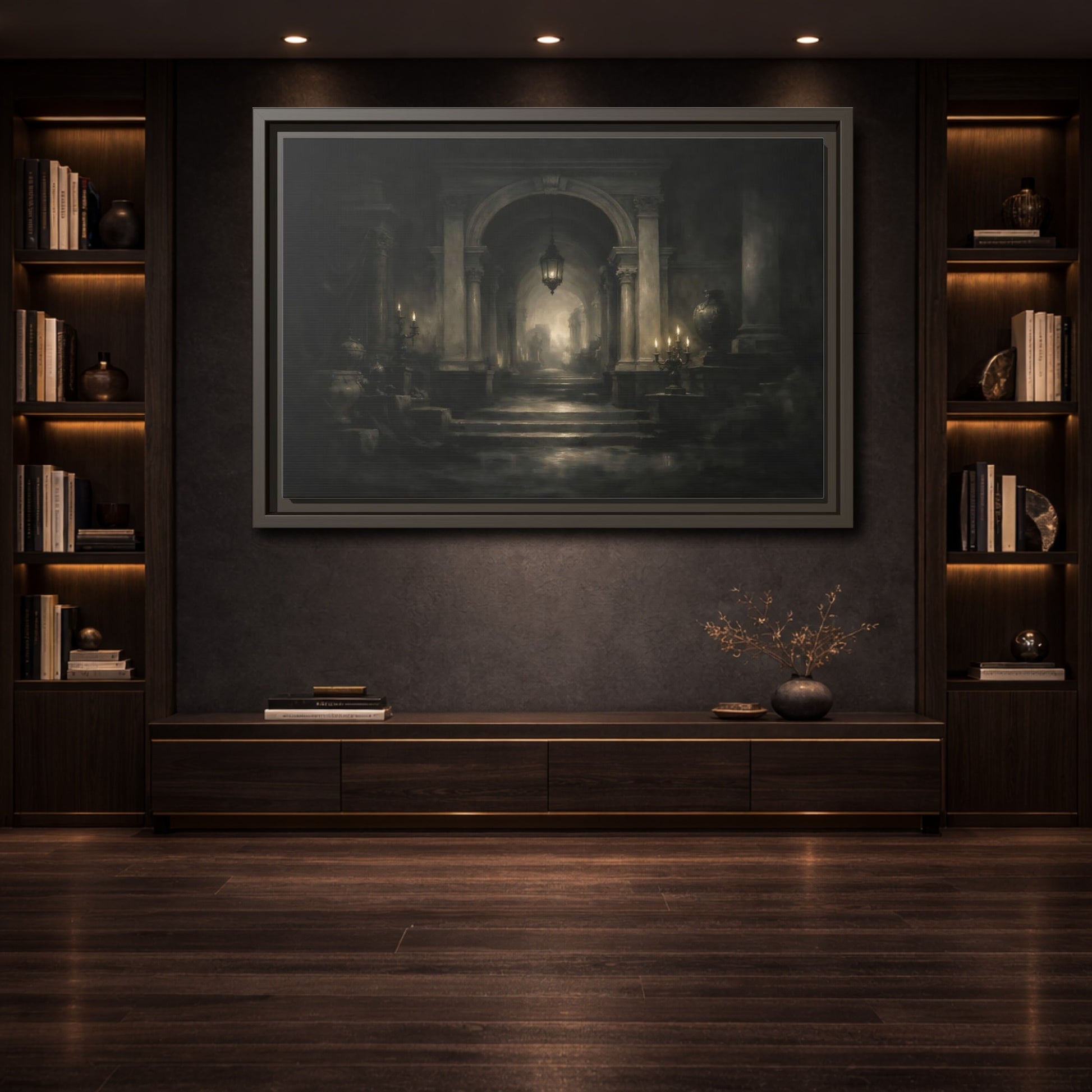 Mockup 3. Vintage Grand Hallway Dark Grand Hallway shown as stretched canvas wall art