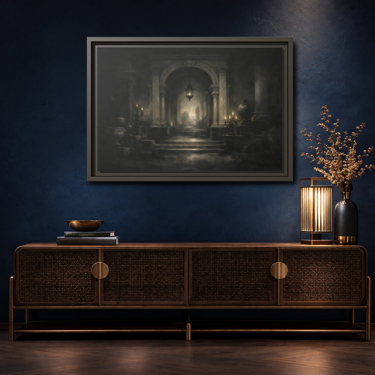 Mockup 4. Vintage Grand Hallway Dark Grand Hallway shown as stretched canvas wall art