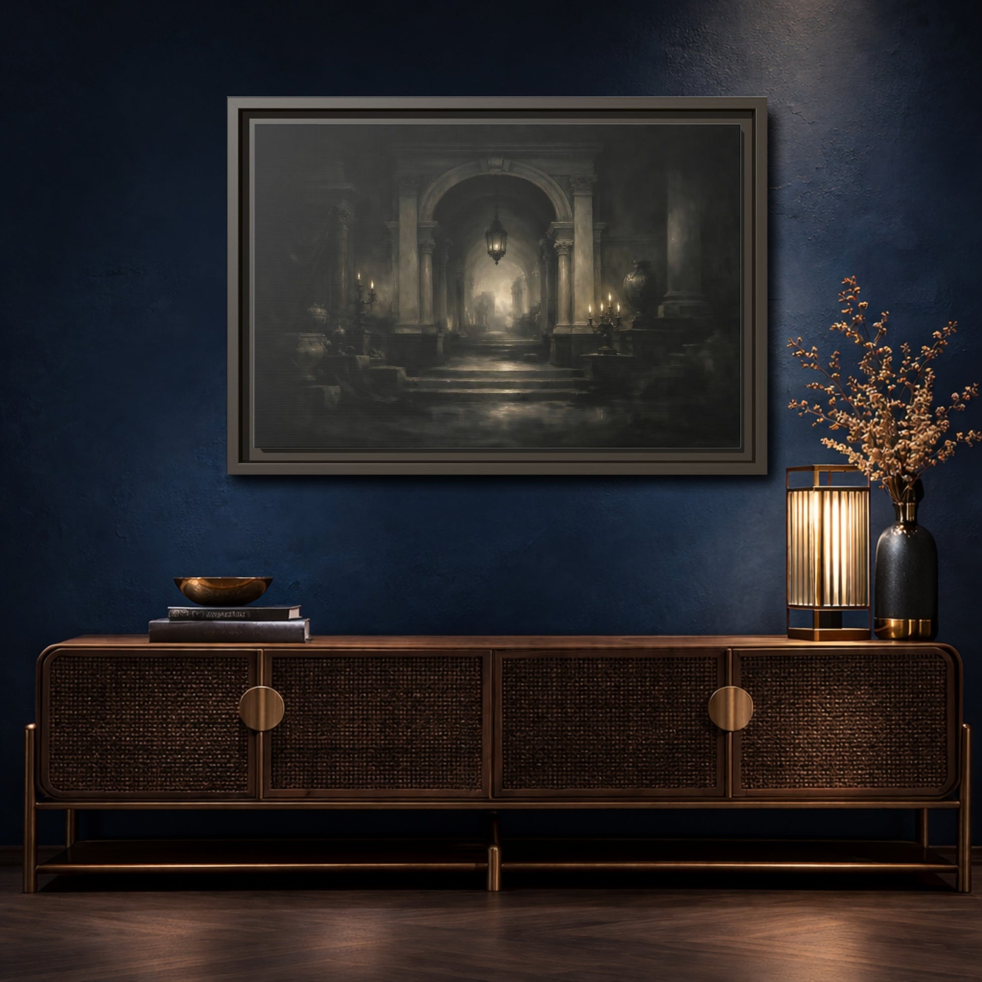 Mockup 4. Vintage Grand Hallway Dark Grand Hallway shown as stretched canvas wall art