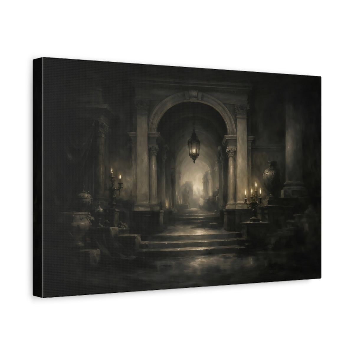 Side Mockup 4. Vintage Grand Hallway Monochrome Hallway shown as stretched canvas wall art