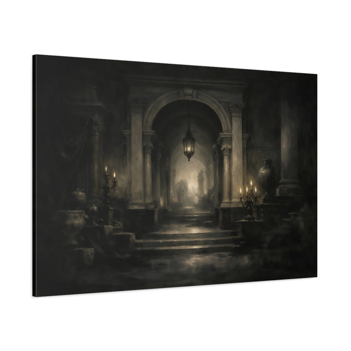 Main Mockup. Vintage Grand Hallway Monochrome Hallway shown as stretched canvas wall art