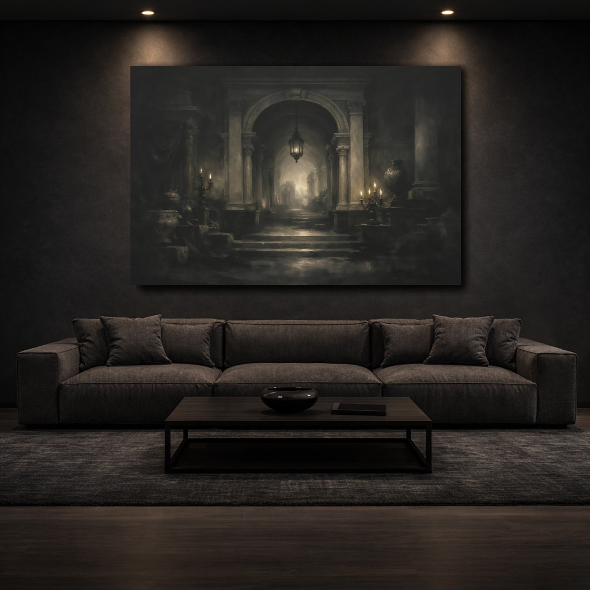 Mockup 2. Vintage Grand Hallway Monochrome Hallway shown as stretched canvas wall art
