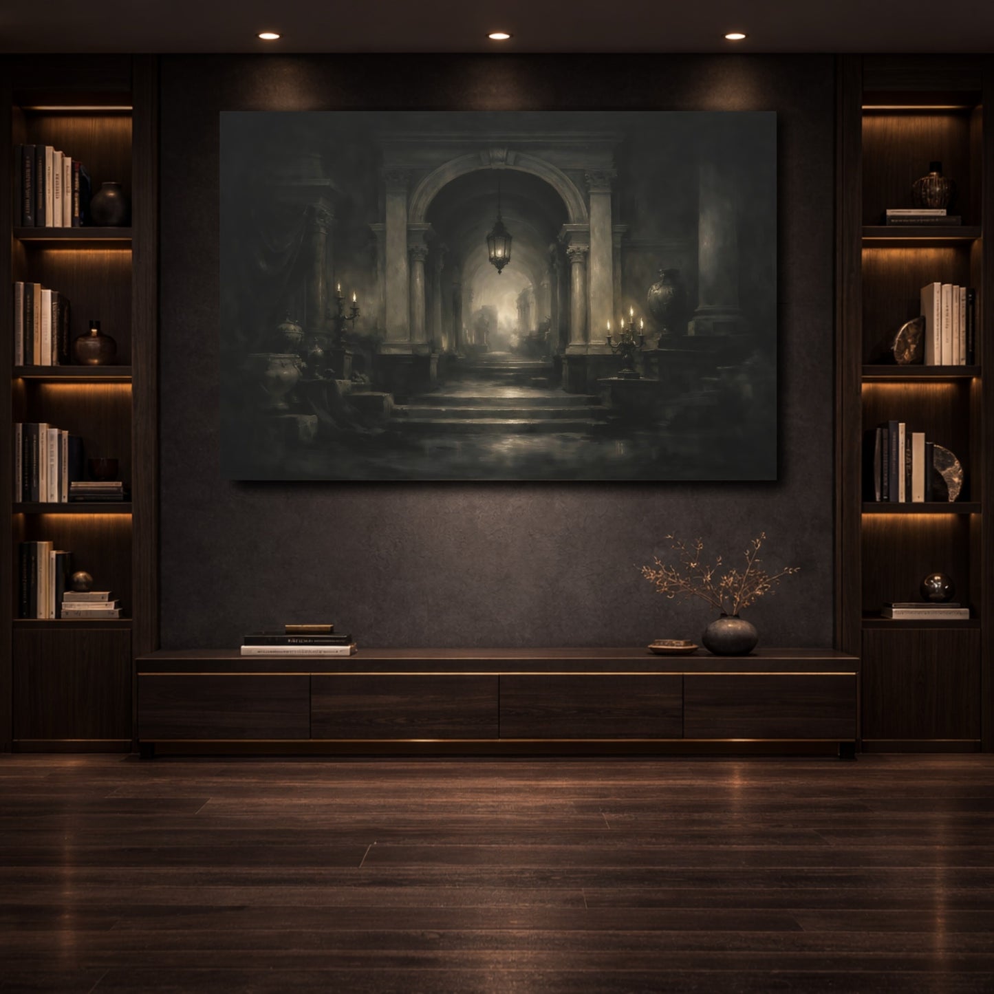 Mockup 3. Vintage Grand Hallway Monochrome Hallway shown as stretched canvas wall art