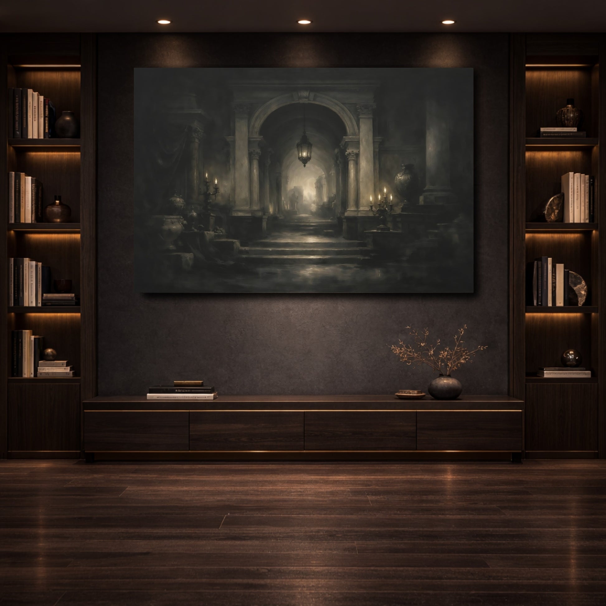 Mockup 3. Vintage Grand Hallway Monochrome Hallway shown as stretched canvas wall art