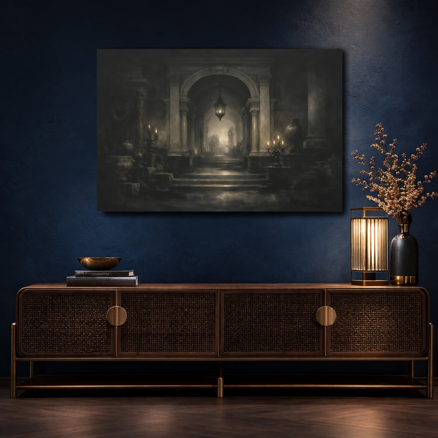 Mockup 4. Vintage Grand Hallway Monochrome Hallway shown as stretched canvas wall art
