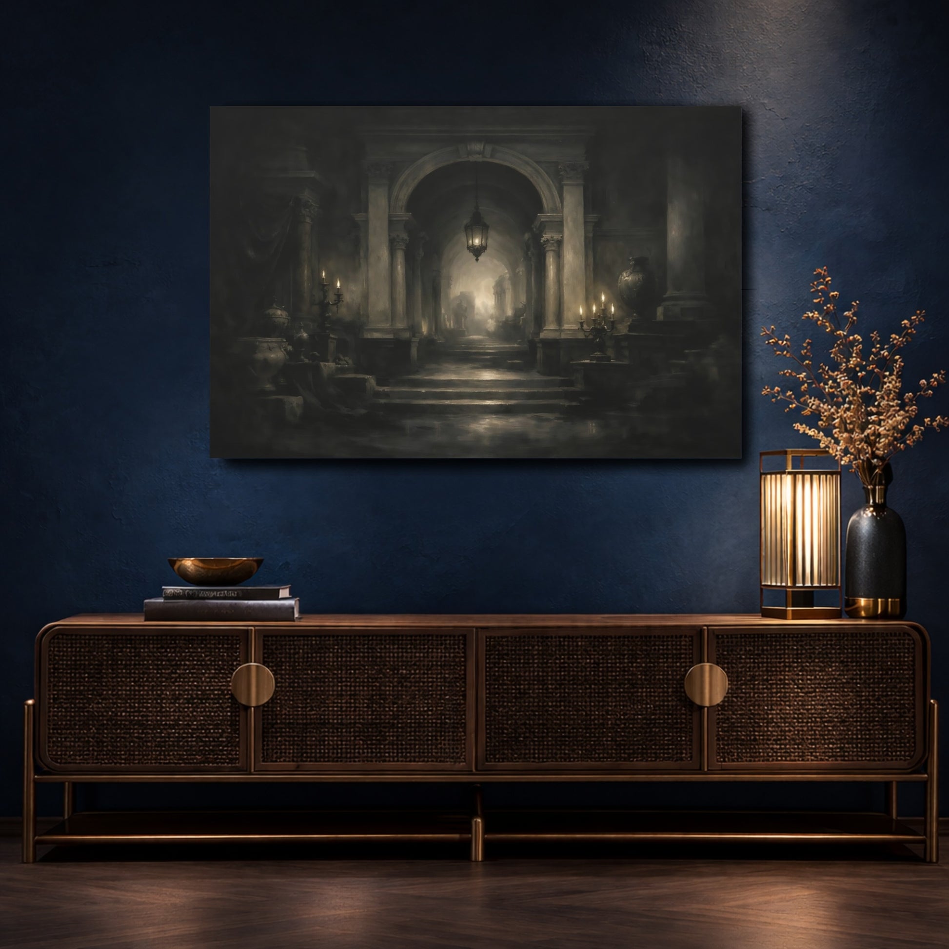 Mockup 4. Vintage Grand Hallway Monochrome Hallway shown as stretched canvas wall art