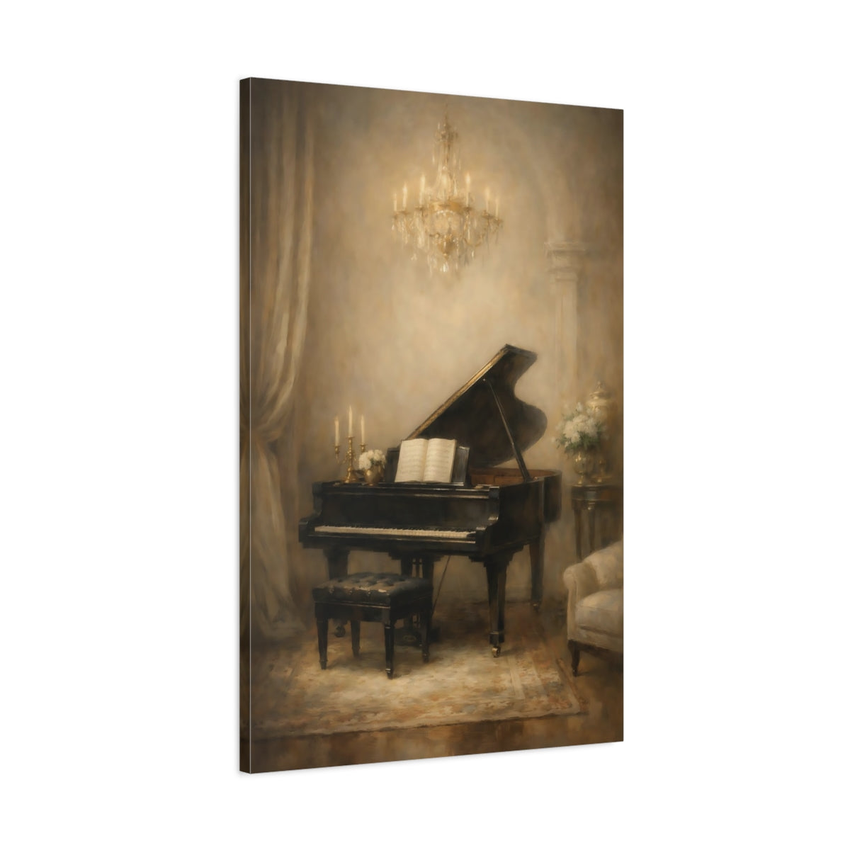 Side Mockup 1. Vintage Grand Piano Vintage Piano Art shown as stretched canvas wall art