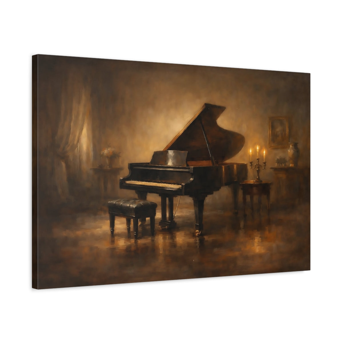 Side Mockup 2. Vintage Grand Piano Vintage Piano Art shown as stretched canvas wall art