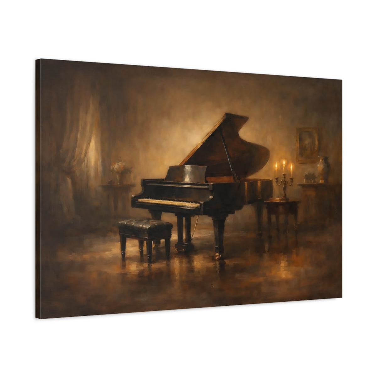 Side Mockup 1. Vintage Grand Piano Vintage Piano Art shown as stretched canvas wall art