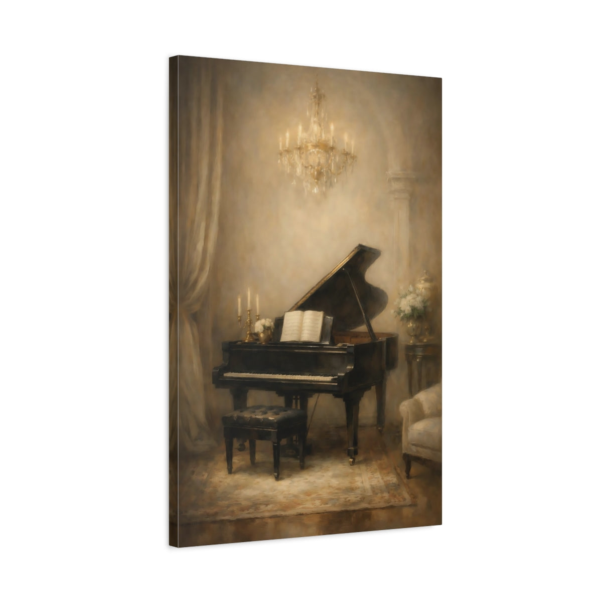 Side Mockup 2. Vintage Grand Piano Vintage Piano Art shown as stretched canvas wall art