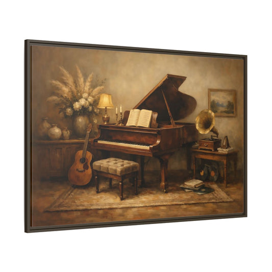 Main Mockup. Vintage Grand Piano Brown And Beige shown as stretched canvas wall art