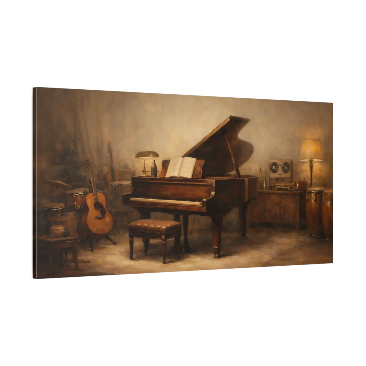 Main Mockup. Vintage Grand Piano Brown And Beige shown as stretched canvas wall art