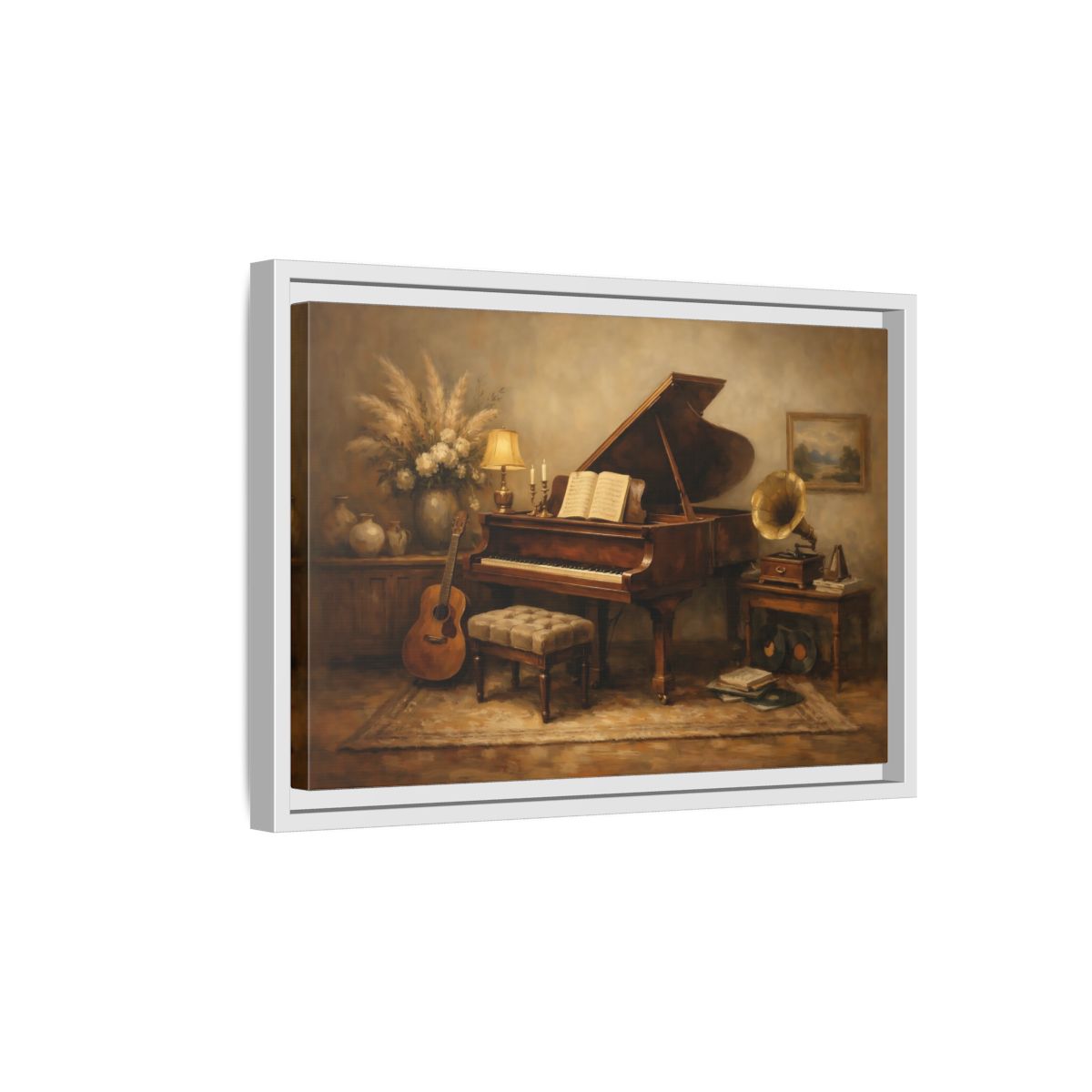 Side Mockup 4. Vintage Grand Piano Brown And Beige shown as stretched canvas wall art