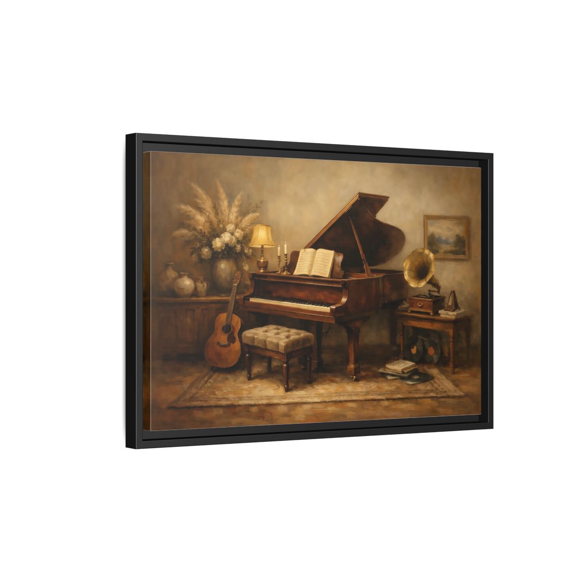Side Mockup 3. Vintage Grand Piano Brown And Beige shown as stretched canvas wall art