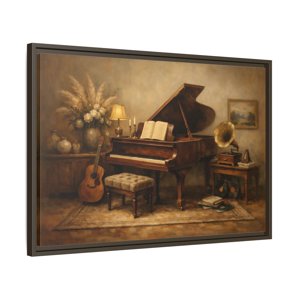 Side Mockup 11. Vintage Grand Piano Brown And Beige shown as stretched canvas wall art