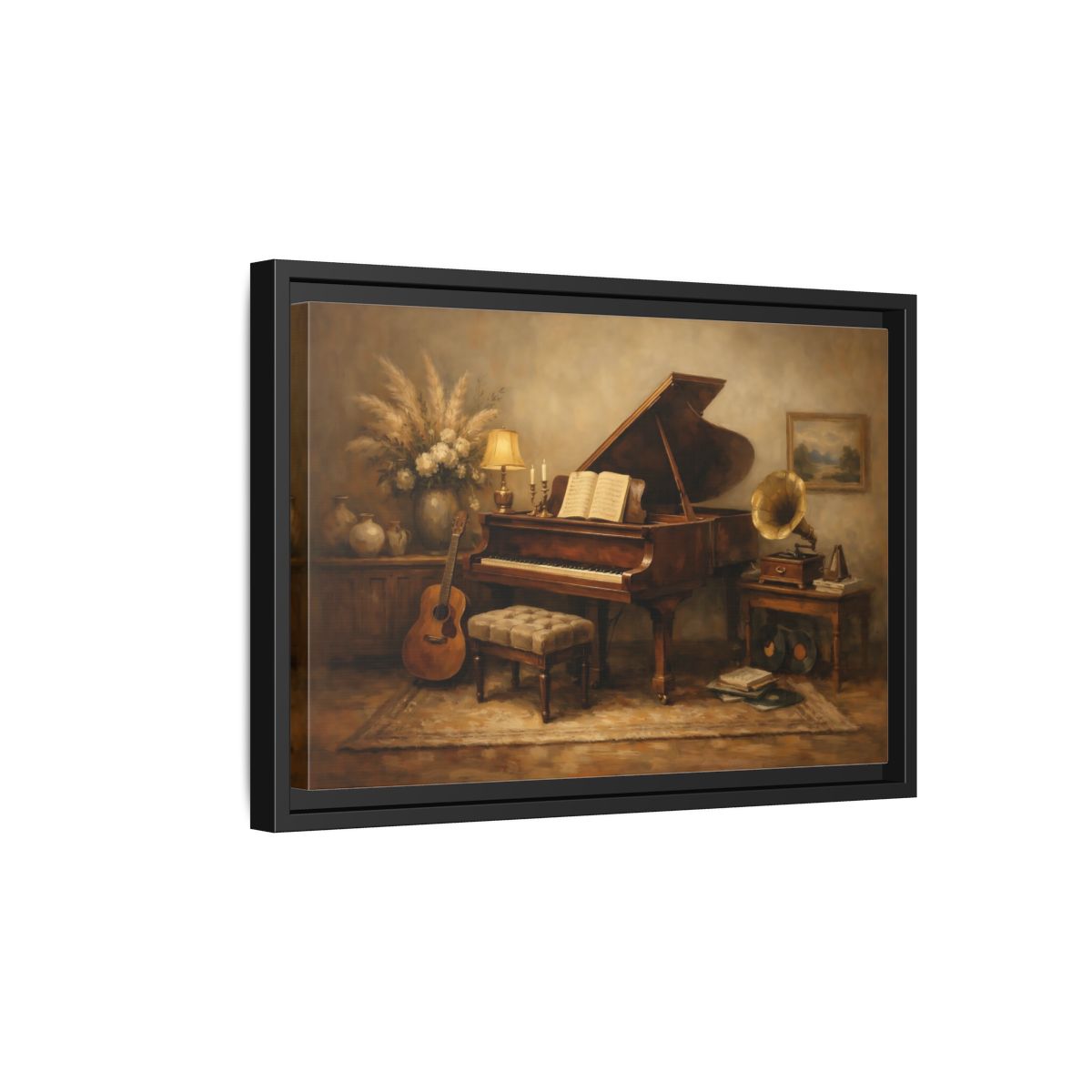 Side Mockup 6. Vintage Grand Piano Brown And Beige shown as stretched canvas wall art
