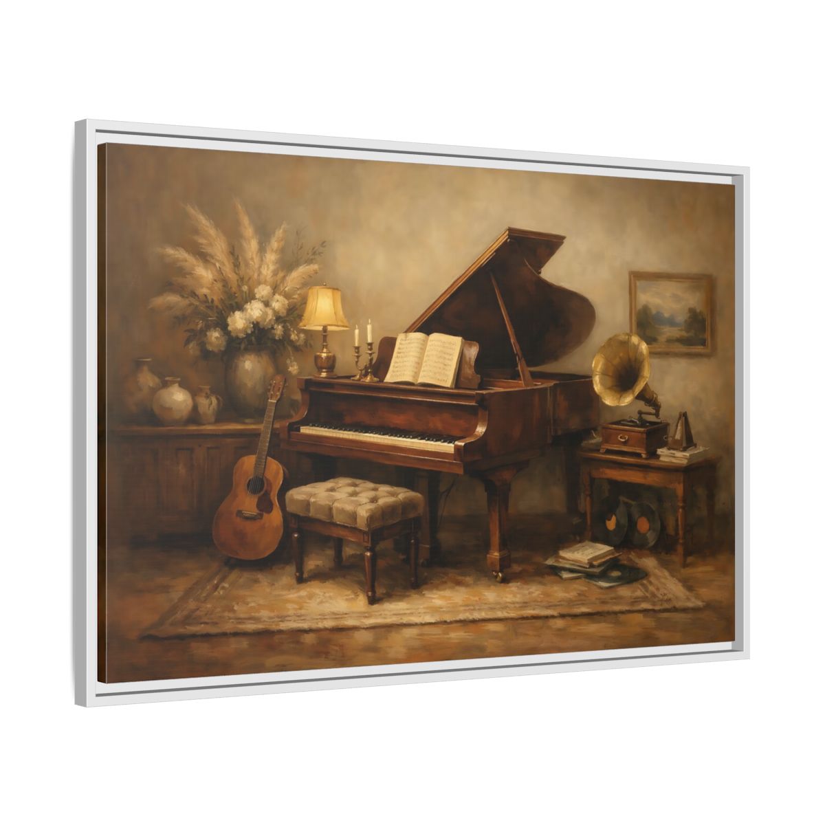 Side Mockup 8. Vintage Grand Piano Brown And Beige shown as stretched canvas wall art