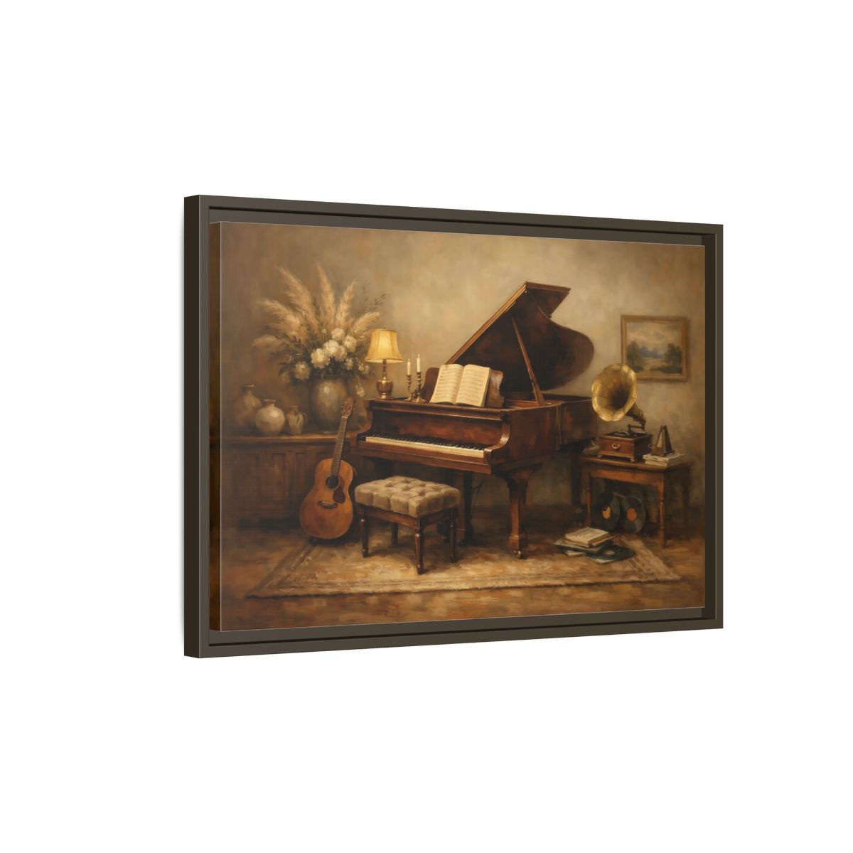 Side Mockup 2. Vintage Grand Piano Brown And Beige shown as stretched canvas wall art