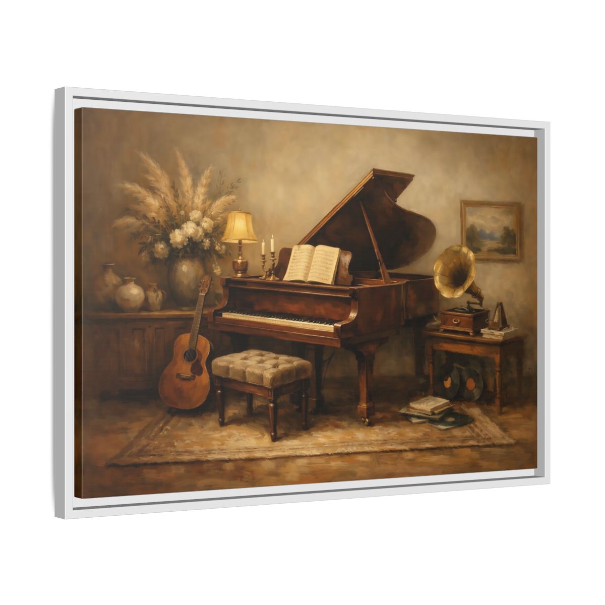 Side Mockup 10. Vintage Grand Piano Brown And Beige shown as stretched canvas wall art