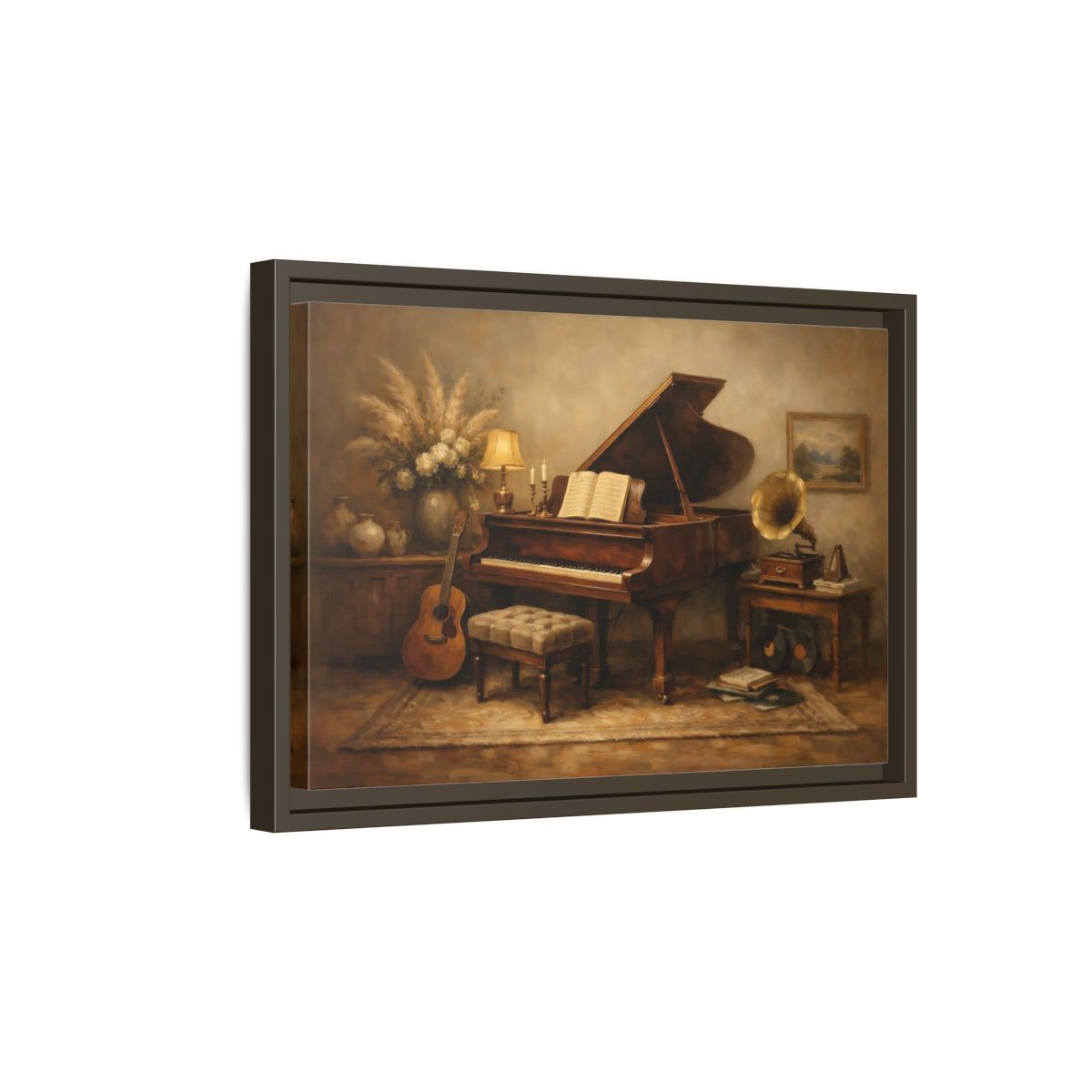Side Mockup 5. Vintage Grand Piano Brown And Beige shown as stretched canvas wall art